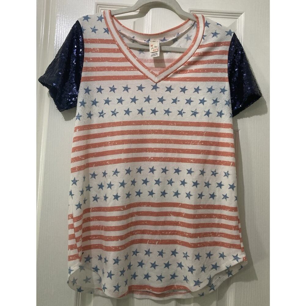 7th Ray Stars Stripes Short Sleeve Top Womens Size Medium Sequins Made In USA